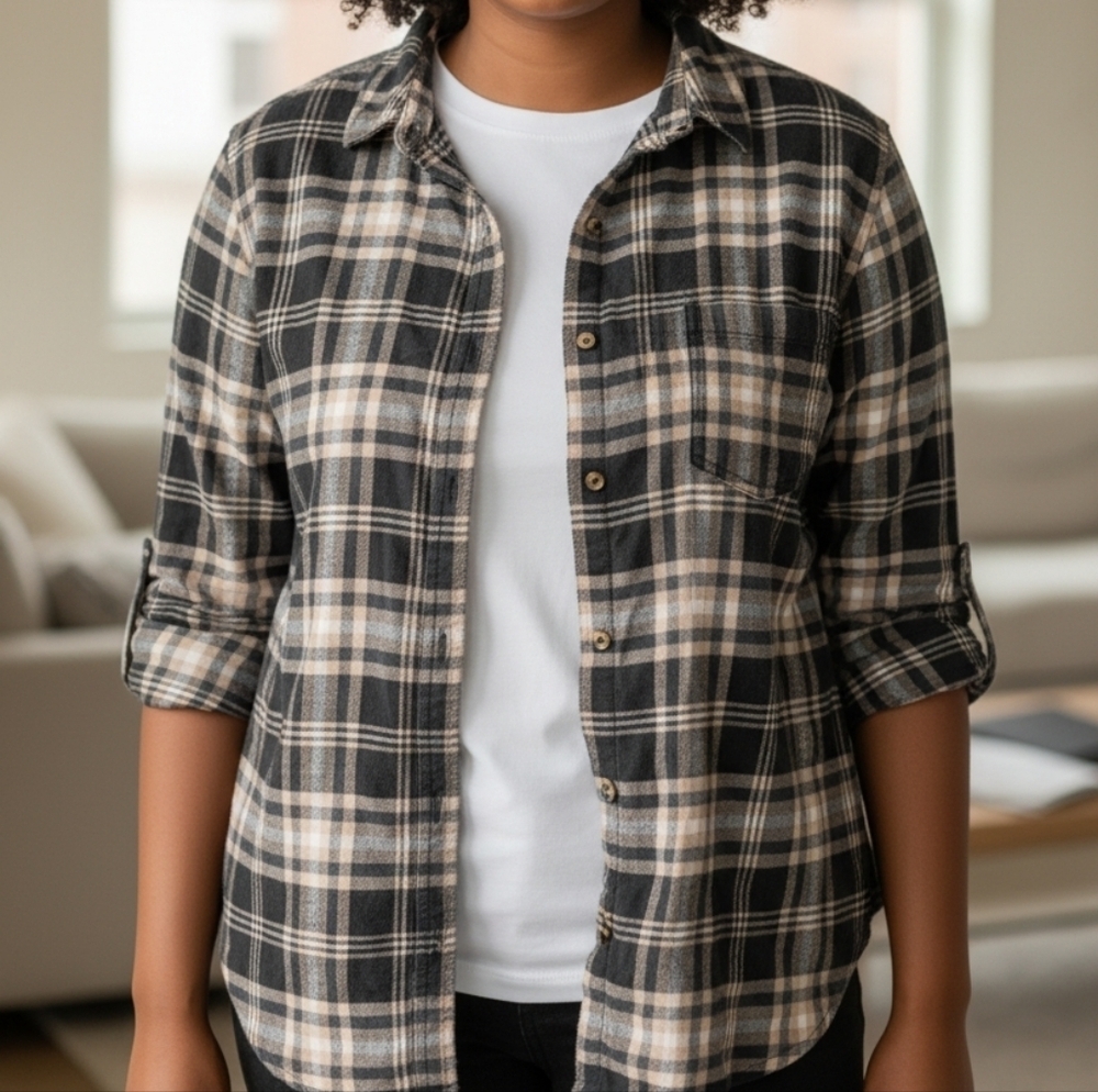 Sonoma Brown & White Plaid Button Down Shirt  Women’s XXL Cozy Grandpa-Core. - Picture 2 of 7